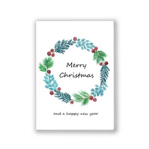 Weihnachtskarte Kranz Merry Christmas A6 | Postkarte Weihnachten selbst gemalt handgemalt Aquarell | Weihnachtskarte Kinder Pinguin
