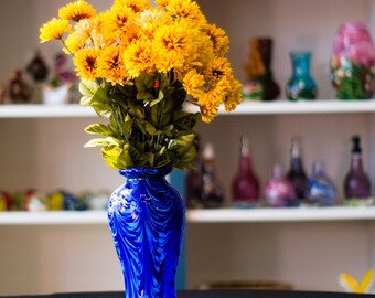Hand-Blown Glass Vase: Multi-Blue Mix, Feathered Color Application | High Gravity Glassworks.