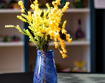 Hand-Blown Glass Vase: Blue, Purple and White Mix, Feathered Color Application | High Gravity Glassworks.