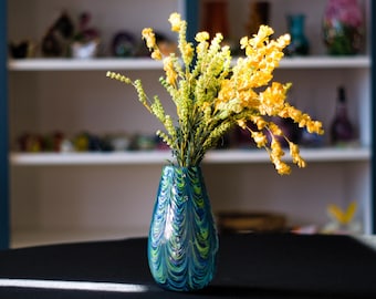 Hand-Blown Glass Vase: Blue and Green Mix, Feathered Color Application | High Gravity Glassworks.
