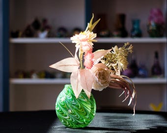 Hand-Blown Glass Vase: Wide Vase, Green and White Mix, Feathered Color Application | High Gravity Glassworks.