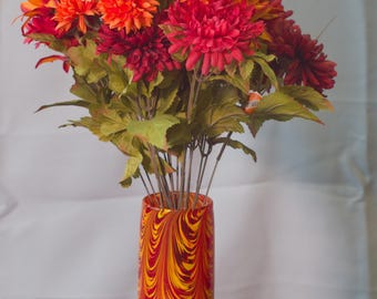 Hand-Blown Glass Vase: Red and Yellow Mix, Feathered Color Application | High Gravity Glassworks.
