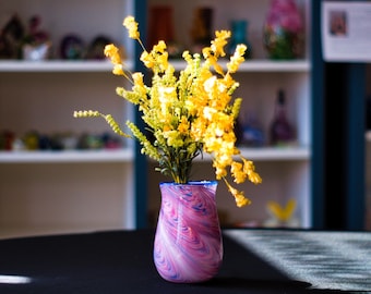 Hand-Blown Glass Vase: Pink and Blue Mix, Feathered Color Application w/ Blue Lip Wrap | High Gravity Glassworks.