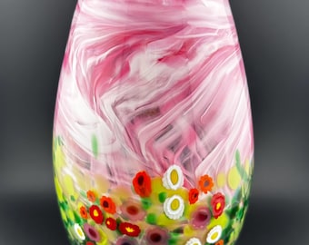 Cranberry Sky Handblown Floral Glass Murrini Vase | High Gravity Glassworks