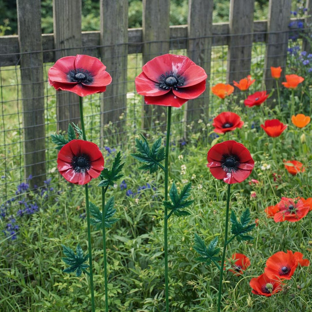 Poppy Stake Ornament / Red Flower Garden Decor Birthday Gifts