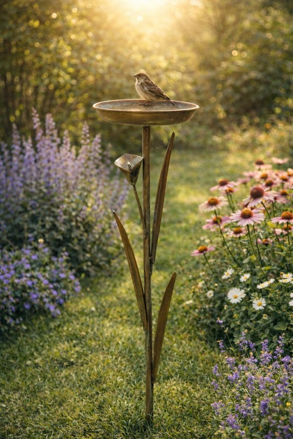 Copper Lily Garden Bird Bath Flower Stake Feeder Sculpture Ornament Decoration Lawn Metal Gift Present Outdoor Style Special Unique