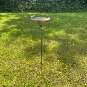 May include: A metal bird bath with a rustic finish and three small bird figurines perched on the rim. The bath is mounted on a tall metal pole and sits on a grassy lawn.