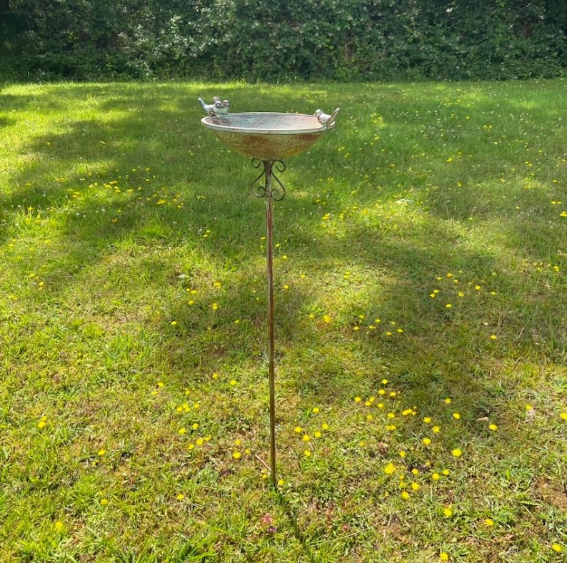 May include: A metal bird bath with a rustic finish and three small bird figurines perched on the rim. The bath is mounted on a tall metal pole and sits on a grassy lawn.