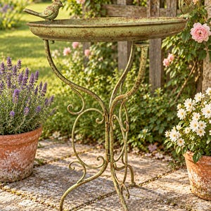 May include: A light green metal birdbath with a weathered, distressed finish. The circular basin features two small bird figurines perched on opposite edges. The stand is constructed with curved, scroll-like legs that meet in the centre.