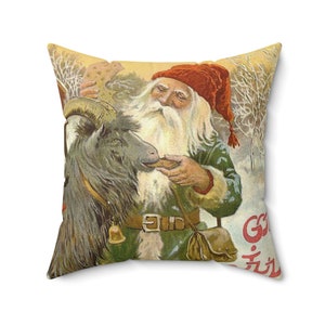 God Jul Throw Pillow, Yule Square Pillow, Swedish/Norwegian Christmas Greeting Card Pillow, Jenny Nystrom illustration