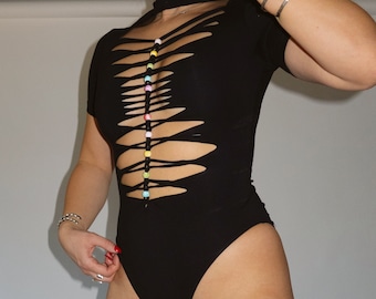 Prism Braided Bodysuit / Tie Dye Bodysuit / Slit Weave Bodysuit / Festival Bodysuit / Festival Outfit / Rave Outfit / Rave Bodysuit