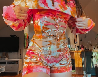 Gemstone Braided Tie Dye Romper (Hoodie Not Included) / Festival Outfit / Braided Romper / Rave Outfit / Rave Set / Rave Bodysuit