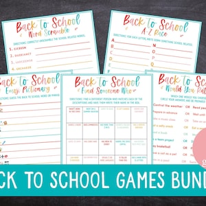 May include: A bundle of five Back to School games printed on white paper with colorful text and graphics. Games include Word Scramble, A-Z Race, Emoji Pictionary, Find Someone Who, and Would You Rather. The bundle is labeled "Back to School Games Bundle".