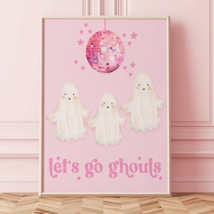 Pink Ghost Halloween Print – Cute Let’s Go Ghouls Wall Art, Kids & Family Friendly Spooky Decor, Girly Halloween Printable