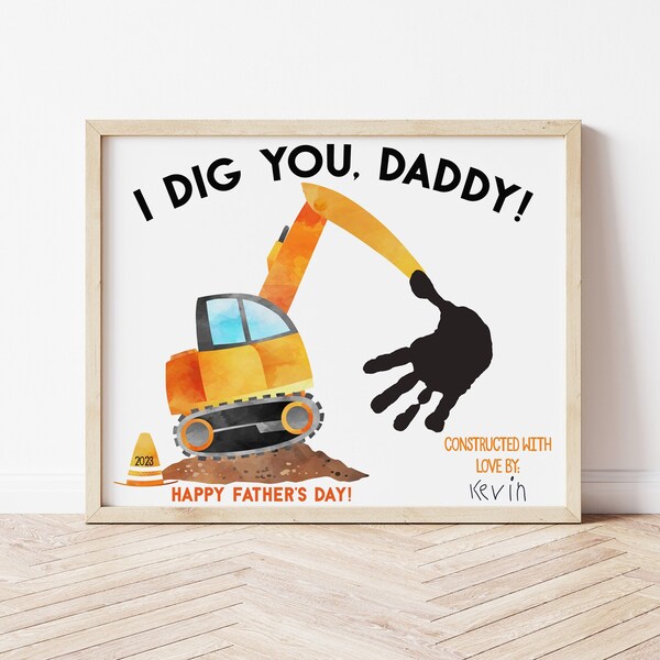 Construction Truck First Fathers Day Gift from Baby, Handprint Footprint Card Craft, DIY Gift for Dad Printable