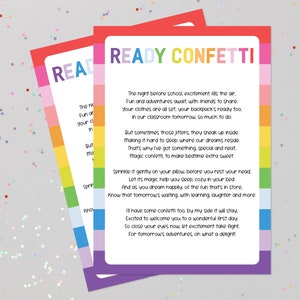 Poesia "Ready Confetti" · Tradizione del primo giorno di scuola · Biglietto d'auguri con glitter · Stampabile "Incontra l'insegnante" · Incoraggiamento per gli studenti
