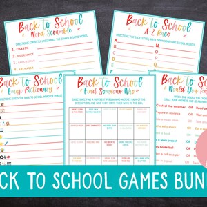 May include: A bundle of five Back to School games printed on white paper with colorful text. Games include Word Scramble, A-Z Race, Emoji Pictionary, Find Someone Who, and Would You Rather. The bundle is displayed on a dark background.