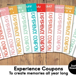 Afdrukbare maandelijkse experience-coupons · 12 maanden experience-coupons · Gepersonaliseerde experience-coupons · Valentijn-coupons