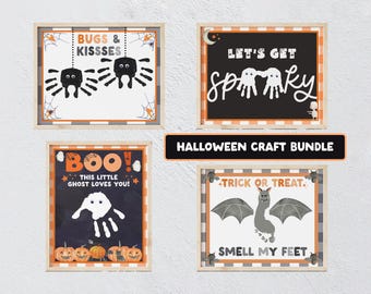 May include: A set of four Halloween-themed printable art sheets featuring handprint and footprint designs. The prints include text reading BUGS & KISSES, LET'S GET SPOOKY, BOO! THIS LITTLE GHOST LOVES YOU!, and TRICK OR TREAT. SMELL MY FEET with graphics.