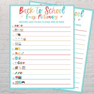 May include: Two colorful "Back to School Emoji Pictionary" game sheets. The sheets have a white background with a teal border. The title is in colorful script. The game includes emoji clues and lines for answers.