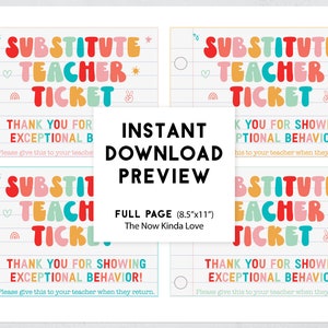 Puede incluir: Cuatro tickets imprimibles para profesores sustitutos con un dise&ntilde;o colorido y divertido. Los tickets dicen "Ticket de profesor sustituto" y "&iexcl;Gracias por mostrar un comportamiento excepcional!" Por favor, entrega esto a tu profesor cuando regrese.
