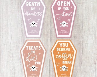 May include: Four coffin-shaped Halloween gift tags in pastel colors. Each tag features a skull and crossbones, stars, and a unique phrase: "Death by chocolate," "Open if you dare," "Treats to die for," and "You deserve a coffin break."