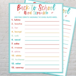 May include: Two printable "Back to School Word Scramble" game sheets. The top of the sheet has the title in colorful script. Below the title are instructions and a numbered list of scrambled words with lines for answers. The sheets have a teal border.