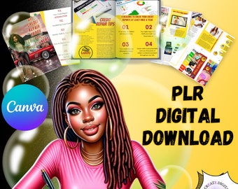 May include: A digital illustration of a woman with long brown braids writing in a notebook. The image is set against a yellow background with the text "PLR DIGITAL DOWNLOAD" in large, bold letters. The image also includes a book with the title "Credit Repair Tips" and the text "Order Now".