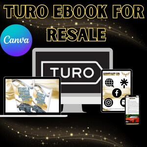 May include: A digital marketing ebook cover with the title "TURO EBOOK FOR RESALE" in bold, black text. The cover features a laptop with a mockup of the ebook open on the screen, a desktop computer with the word "TURO" displayed, a tablet with a "CONTACT US" section, and a smartphone with a checklist. The background is black with gold stars.
