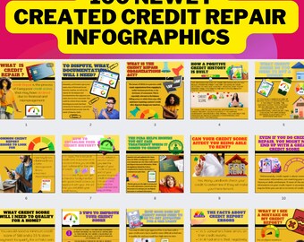 Pode incluir: Uma colagem de 10 cartões de infográfico amarelos e laranja com dicas sobre reparo de crédito. Os cartões apresentam ilustrações de pontuações de crédito, casas e dinheiro. O texto nos cartões inclui frases como "O que é reparo de crédito?", "Como construir um histórico de crédito positivo" e "Sua pontuação de crédito pode afetar sua capacidade de alugar?"