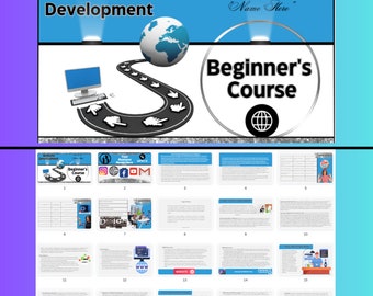 May include: A blue and white presentation slide with the title "Website Development Beginner's Course". The slide features a graphic of a globe with a path leading to a computer screen. The text "Instructor: Name Here" is also included.