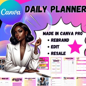 May include: A digital planner template designed in Canva Pro. The template features a pink and purple background with a woman in a white blazer. The planner includes sections for daily tasks, content ideas, a business agenda, a marketing checklist, a post planner, and an online business planner. The text "MADE IN CANVA PRO" is displayed in black text with white outlines. The text "REBRAND, EDIT, RESALE" is displayed in black text with white outlines.