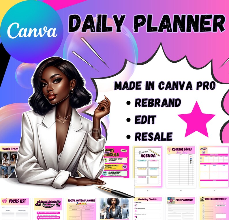 May include: A digital planner template designed in Canva Pro. The template features a pink and purple background with a woman in a white blazer. The planner includes sections for daily tasks, content ideas, a business agenda, a marketing checklist, a post planner, and an online business planner. The text "MADE IN CANVA PRO" is displayed in black text with white outlines. The text "REBRAND, EDIT, RESALE" is displayed in black text with white outlines.