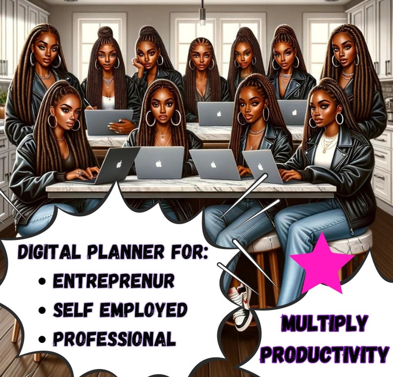 May include: A digital planner designed for entrepreneurs, self-employed individuals, and professionals. The image features a group of women working on laptops, with the text "Multiply Productivity" and "Digital Planner for: Entrepreneur, Self Employed, Professional" on the bottom of the image.