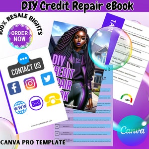 May include: A purple and black ebook cover with a woman's illustration. The title is "DIY Credit Repair eBook". The cover also includes a table of contents, a checklist, and a Canva Pro template.