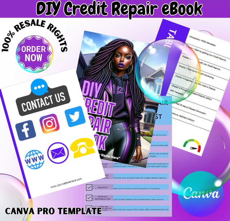 May include: A purple and black ebook cover with a woman's illustration. The title is "DIY Credit Repair eBook". The cover also includes a table of contents, a checklist, and a Canva Pro template.