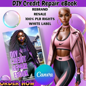 May include: A digital illustration of a woman wearing a pink leather jacket and a pink sports bra with the word "NIKE" on it. The woman is holding a book with the title "DIY Credit Repair eBook" on the cover. The text "REBRAND RESALE 100% PLR RIGHTS WHITE LABEL" is above the woman's head. The text "ORDER NOW" is at the bottom of the image.
