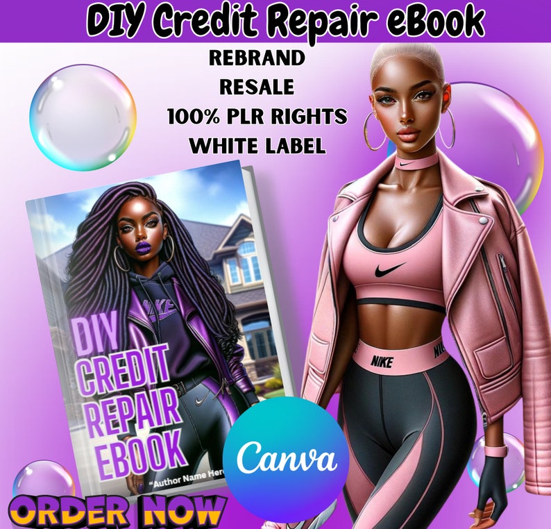 May include: A digital illustration of a woman wearing a pink leather jacket and a pink sports bra with the word "NIKE" on it. The woman is holding a book with the title "DIY Credit Repair eBook" on the cover. The text "REBRAND RESALE 100% PLR RIGHTS WHITE LABEL" is above the woman's head. The text "ORDER NOW" is at the bottom of the image.