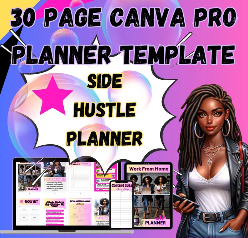 30 Page Canva Pro Planner Template- Side Hustle Planner