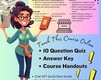 May include: A cartoon illustration of a woman holding books and a laptop. The text "Teach This Course Online" is in a large font at the top of the image. Below the text are bullet points listing the course materials, including a 10 question quiz, answer key, course handouts, Chat GPT Quick Start Guide, Product Idea Brainstorming Worksheet, and Course Overview & Syllabus.
