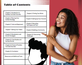 May include: A table of contents for a guide on how to create faceless YouTube channels. The table lists chapters covering topics such as finding your niche, setting up your channel, recording techniques, editing videos, monetization, and building a community.