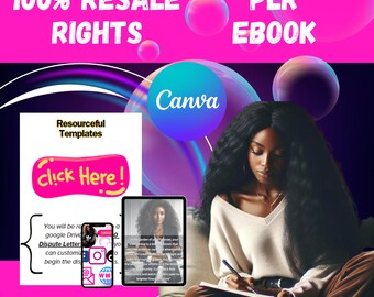 May include: A pink and purple graphic with the text "100% Resale Rights" and "PLR Ebook" in white. The graphic also includes the text "Resourceful Templates" and "Click Here!" in white. A woman is sitting on a couch and writing in a notebook. The text "Canva" is visible in the background.