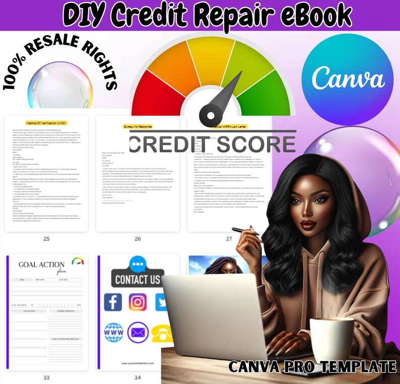 May include: A Canva Pro template for a DIY credit repair eBook. The template features a credit score meter, a goal action plan, a contact us section, and a woman working on a laptop. The text "DIY Credit Repair eBook" and "100% Resale Rights" are visible in the image.