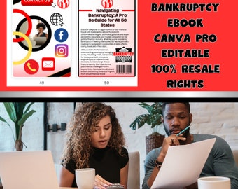 May include: A 50-page ebook titled "Navigating Bankruptcy: A Pro Se Guide for All 50 States" with a red, white, and black color scheme. The ebook is available for resale with Canva Pro editing capabilities. The image also shows a couple working on their finances.