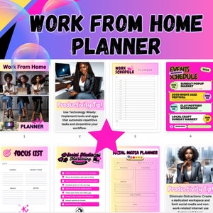 May include: A collage of images with tips for working from home. The images include a planner, a focus list, a social media marketing checklist, a social media planner, and a productivity tip. The images are in a pink and yellow color scheme.