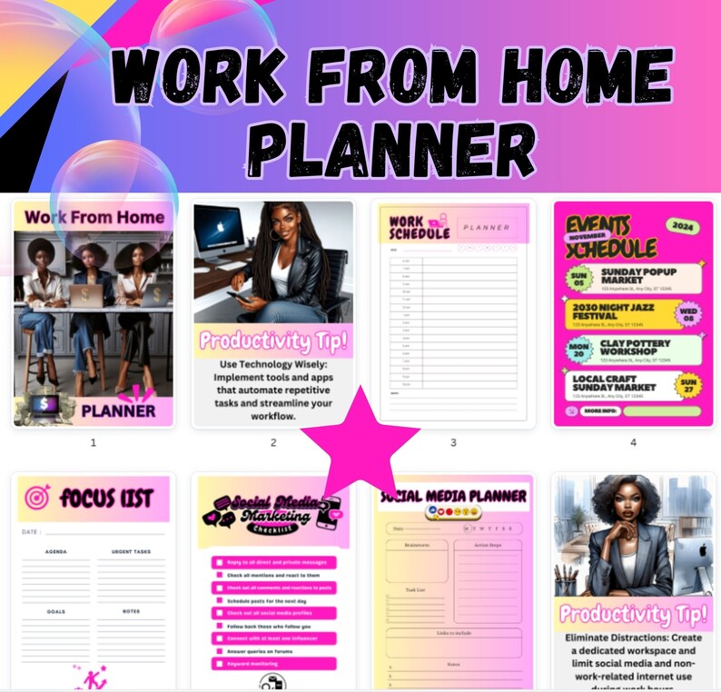 May include: A collage of images with tips for working from home. The images include a planner, a focus list, a social media marketing checklist, a social media planner, and a productivity tip. The images are in a pink and yellow color scheme.