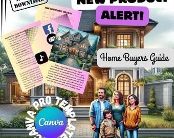 May include: A digital illustration of a family standing in front of a large house. The house is painted in shades of gray and white with a brown door. The family is made up of two adults and two children. The adults are wearing casual clothing and the children are wearing jeans and t-shirts. The image includes the text "Home Buyers Guide" and "New Product Alert!" in a purple and white banner.