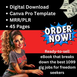 May include: A digital download advertisement with a woman wearing a headset. The text includes "Digital Download," "Canva Pro Template," "MRR/PLR," and "45 Pages." The words "ORDER NOW!" are in a blue burst, and the text "Ready-to-sell eBook" is also present.