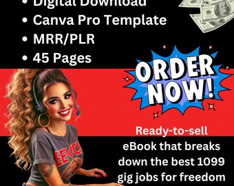 May include: A digital download advertisement with a woman wearing a headset. The text includes "Digital Download," "Canva Pro Template," "MRR/PLR," and "45 Pages." The words "ORDER NOW!" are in a blue burst, and the text "Ready-to-sell eBook" is also present.