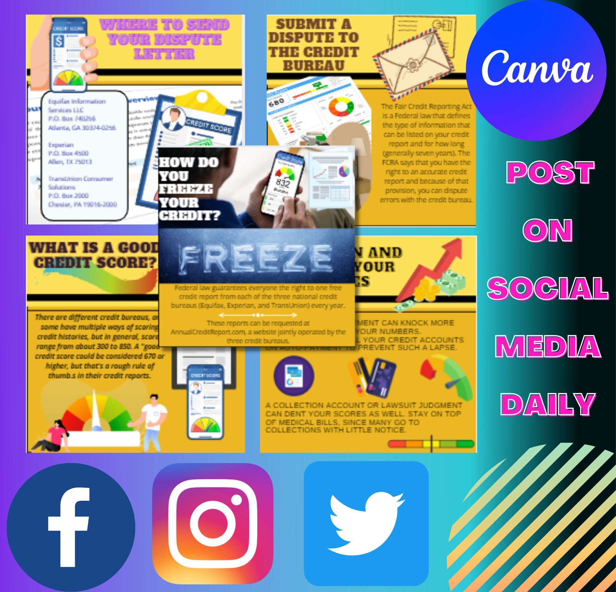 Credit Repair Infographics PLR: Canva Editable Social Media Posts (100 ...